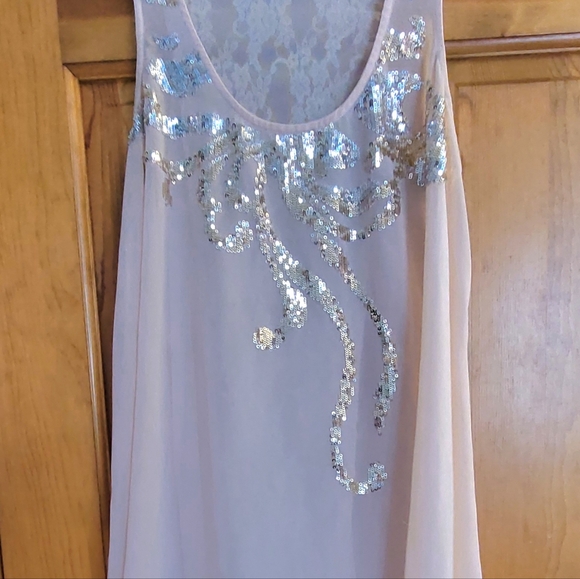 BOGO Express Sheer Champagne colored Top w/ Sequin design & Lace back size MED - Picture 3 of 13
